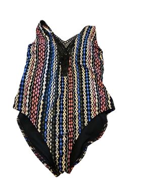 Time and Tru Multicolor Striped One-Piece Swimsuit with Black Lace Trim Large